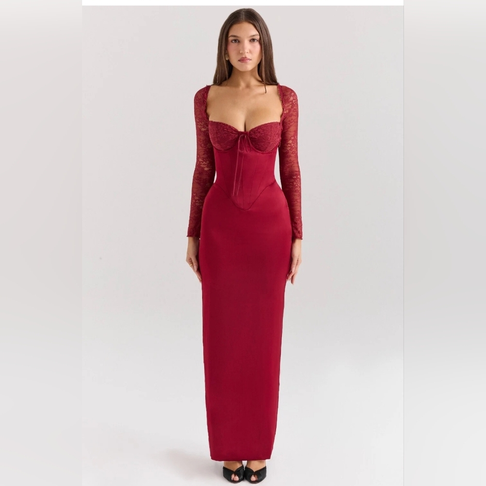 House Of CB Perdi Elegant Red Lace Long Sleeve Dress